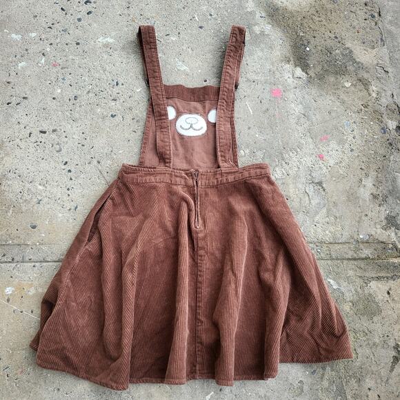 Hot Topic Teddy Bear Corduroy Overalls Dress Size XS Brown Skirtall Pinafore - Picture 4 of 10